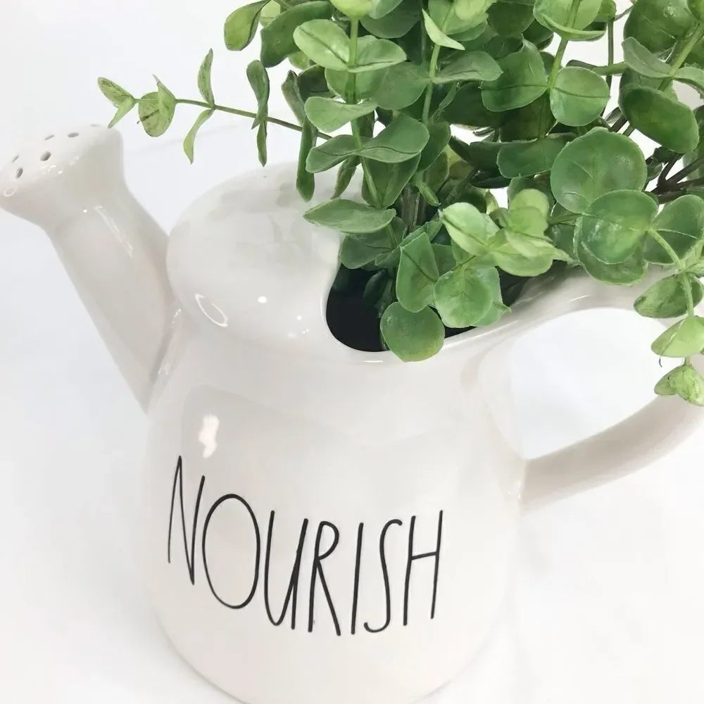 Rae Dunn Nourish White Black Ceramic Watering Can Vase